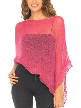 Women’s Rasberry Sheer Knit Poncho Shrug Lightweight Asymmetrical Ruffle Wraps